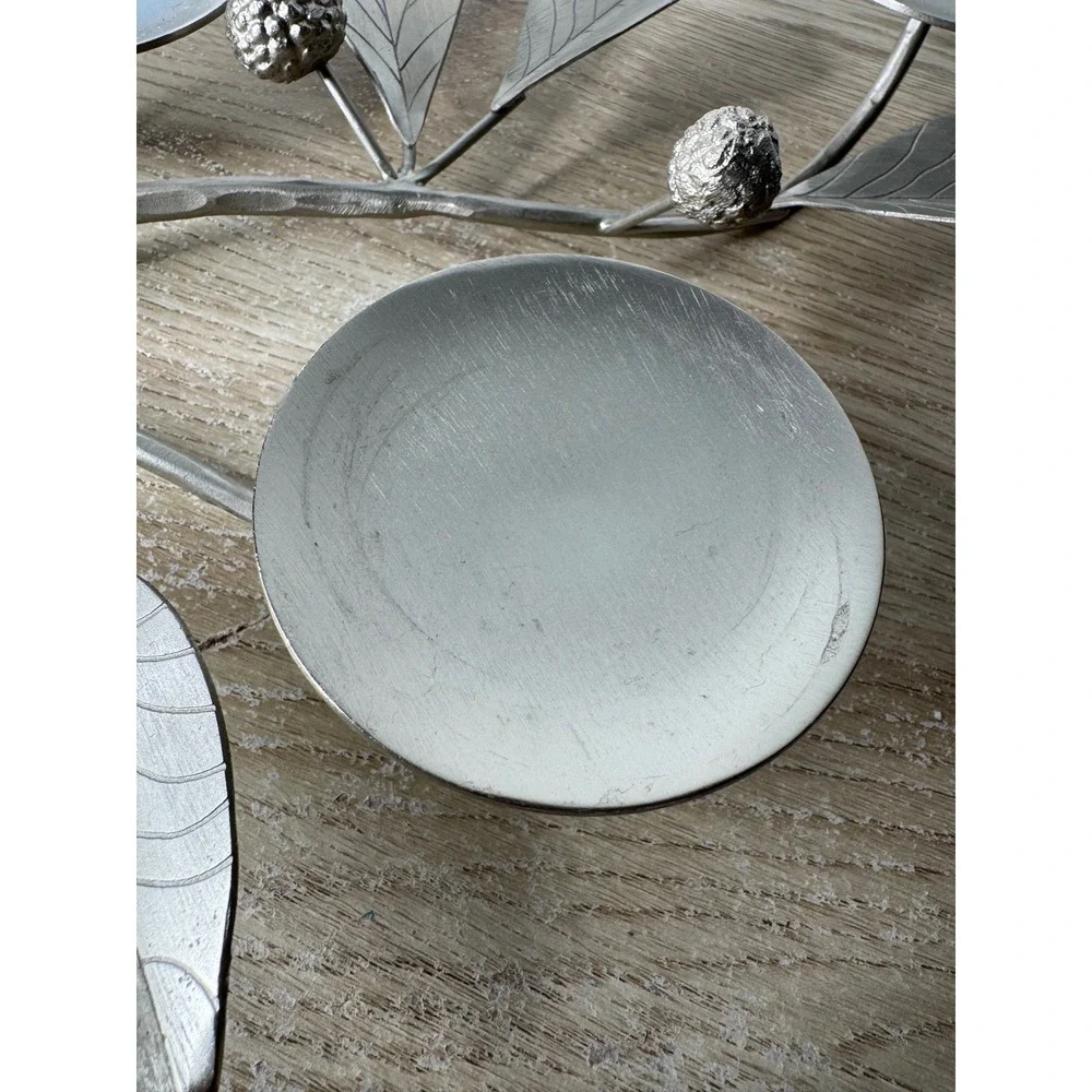 Crate & Barrel Silver Metal Branch Pillar Candle Holder 3-Plate Botanical Leaf